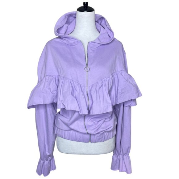 Zara Women's Spring Summer Lavender Ruffle Zip Up Long Balloon Sleeve Hoodie S - Picture 2 of 12
